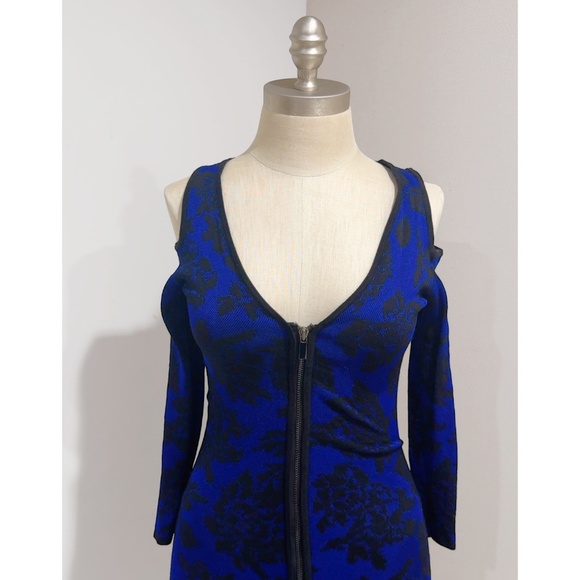 Cache Women's Blue/Black Knit Cold Shoulder Full Zip Bodycon Knit Dress Size XS - Picture 6 of 7